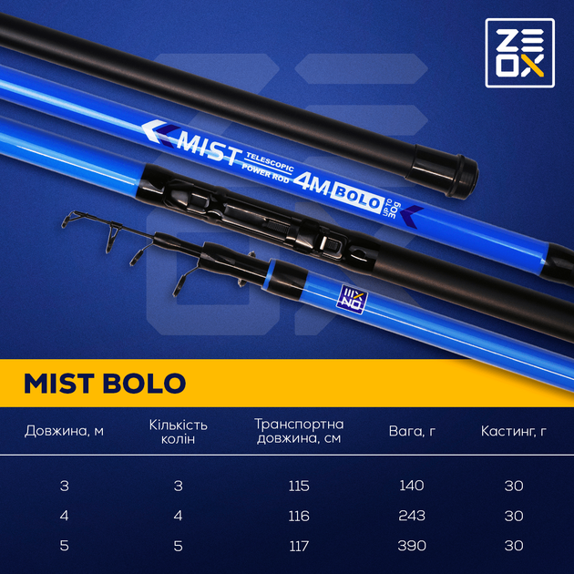 Вудка ZEOX Mist Bolo 5.00 м 30 г з кільцями — купити в Україні
